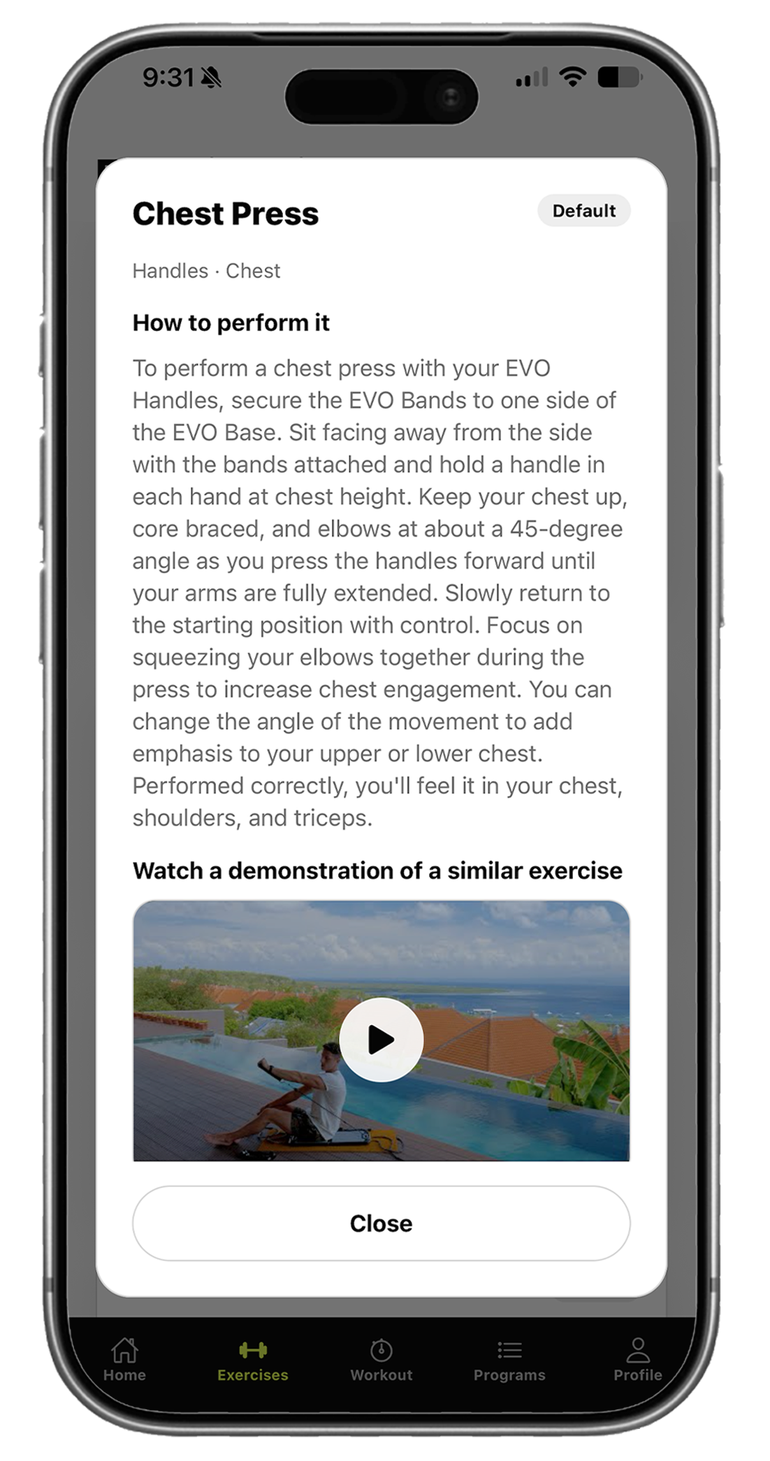 EVO Fit exercise instructions and video demonstration on a phone