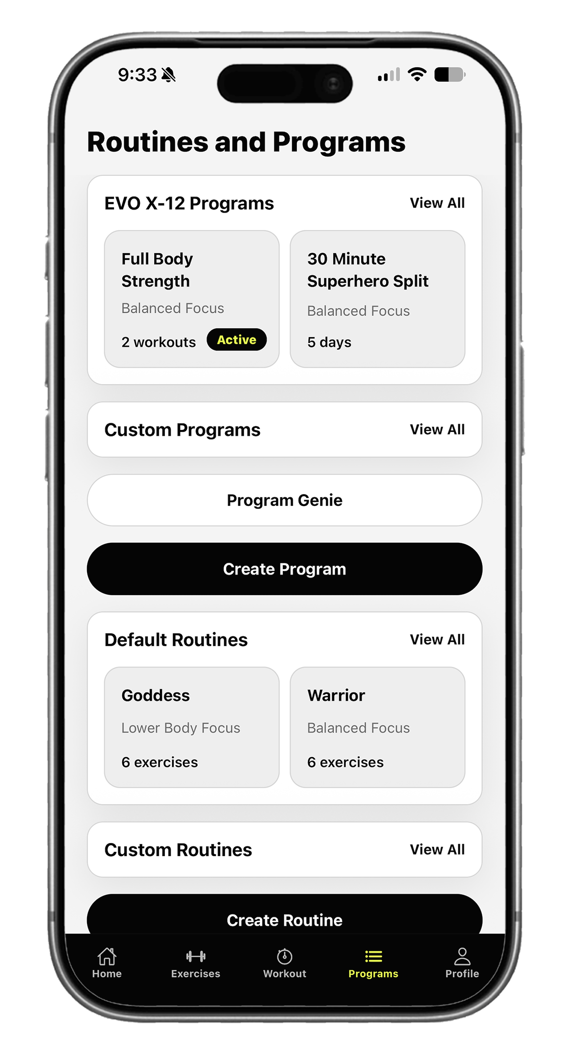 EVO Fit routines and programs on a phone