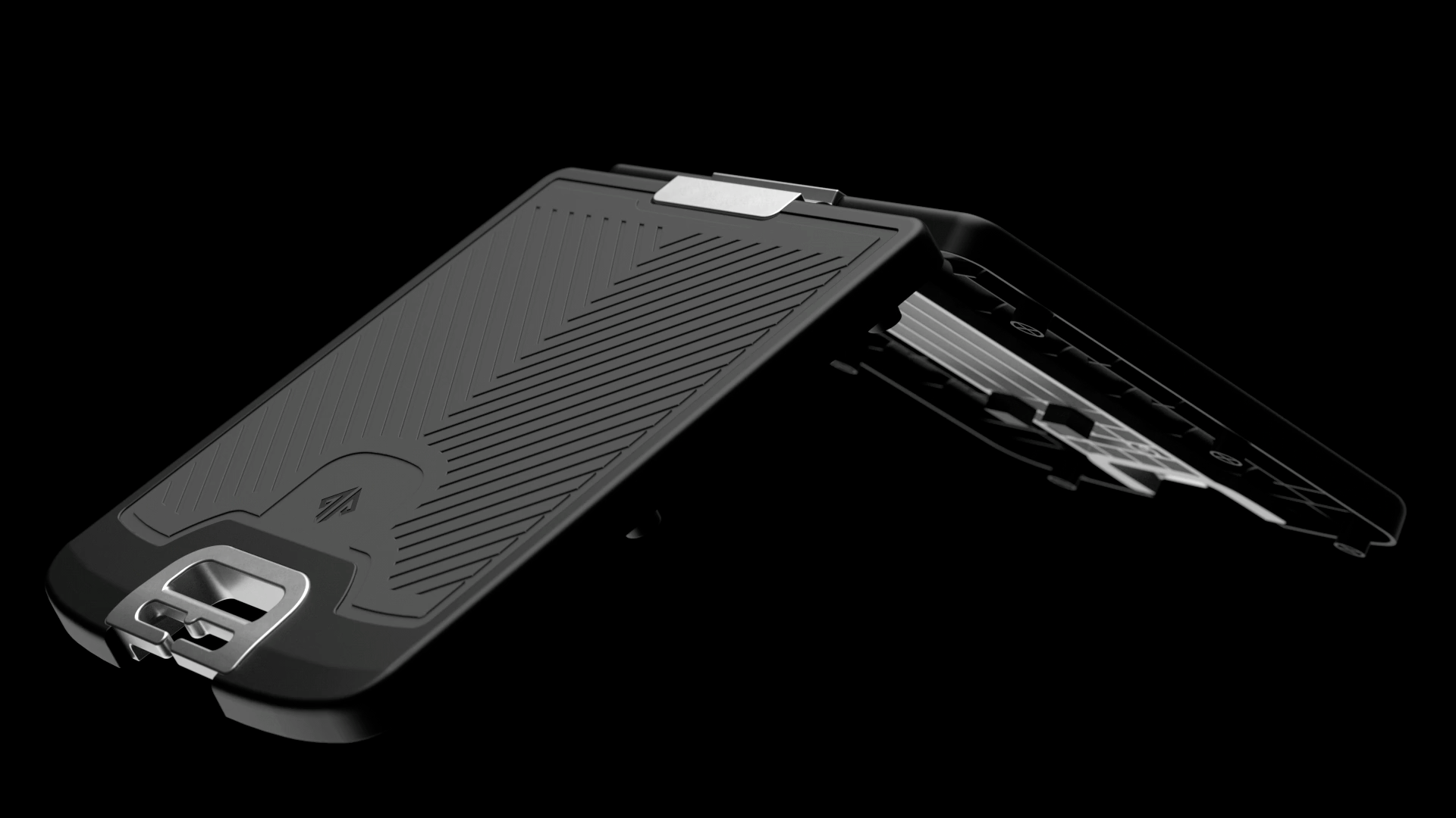 Partly folded EVO Gym base showing the textured platform, metal components and internal storage